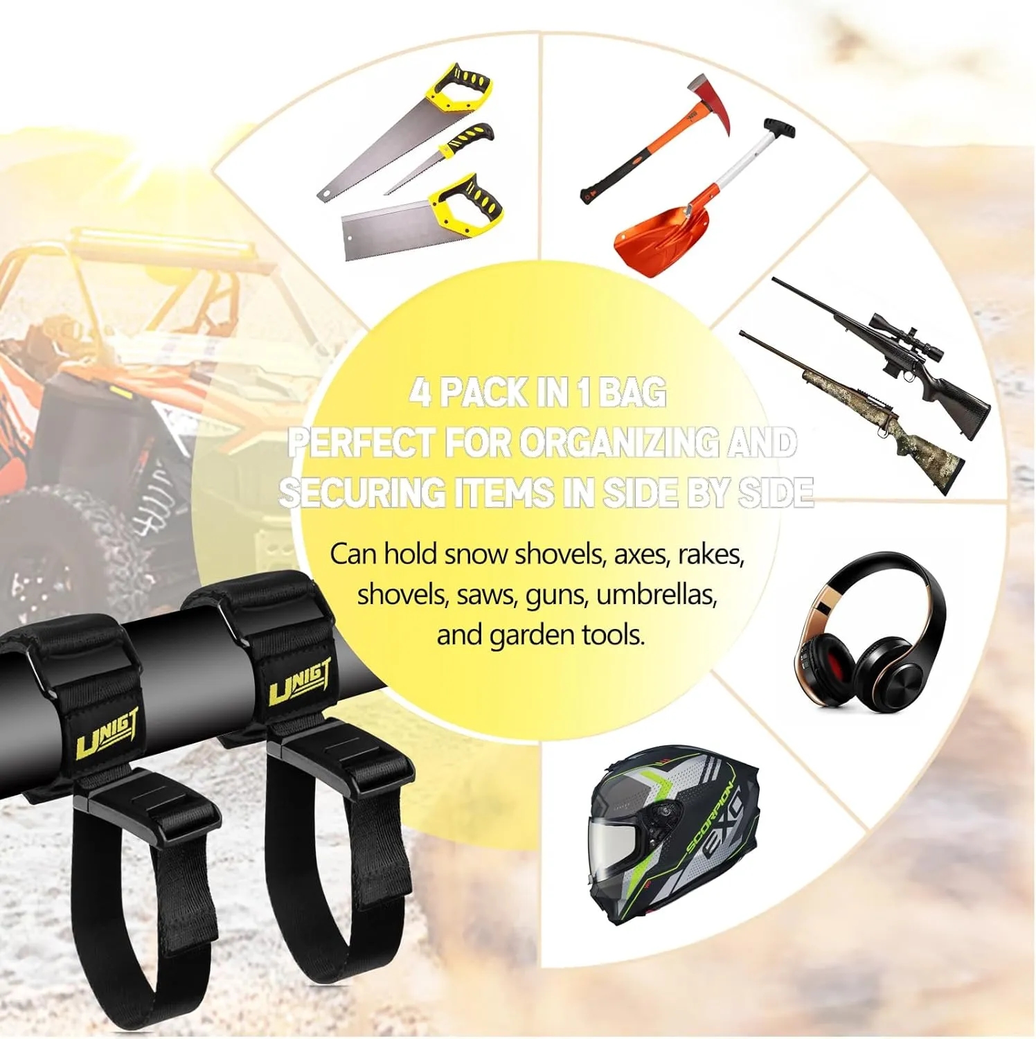 4 Pack Magnetic Quick Release UTV Roof Rack Gun Holder for Shotguns, Rifles, Bows Holder, Fishing Poles Adjustable Mounting Strap Universal Compatible with Polaris Can am Kawasaki SXS