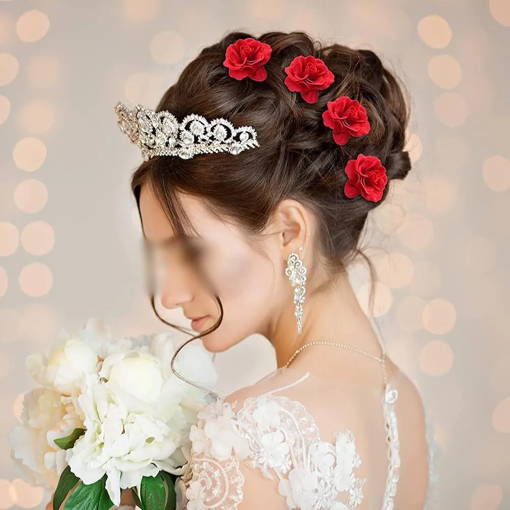 6 Pcs Small Flower Hair Pins U Shaped Hair Pins Decorative Rose Hairpins Elegant Bridal Flower Hair Pins Wedding Flower Hair Clips for Women Girls Red