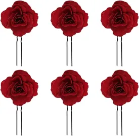 6 Pcs Small Flower Hair Pins U Shaped Hair Pins Decorative Rose Hairpins Elegant Bridal Flower Hair Pins Wedding Flower Hair Clips for Women Girls Red