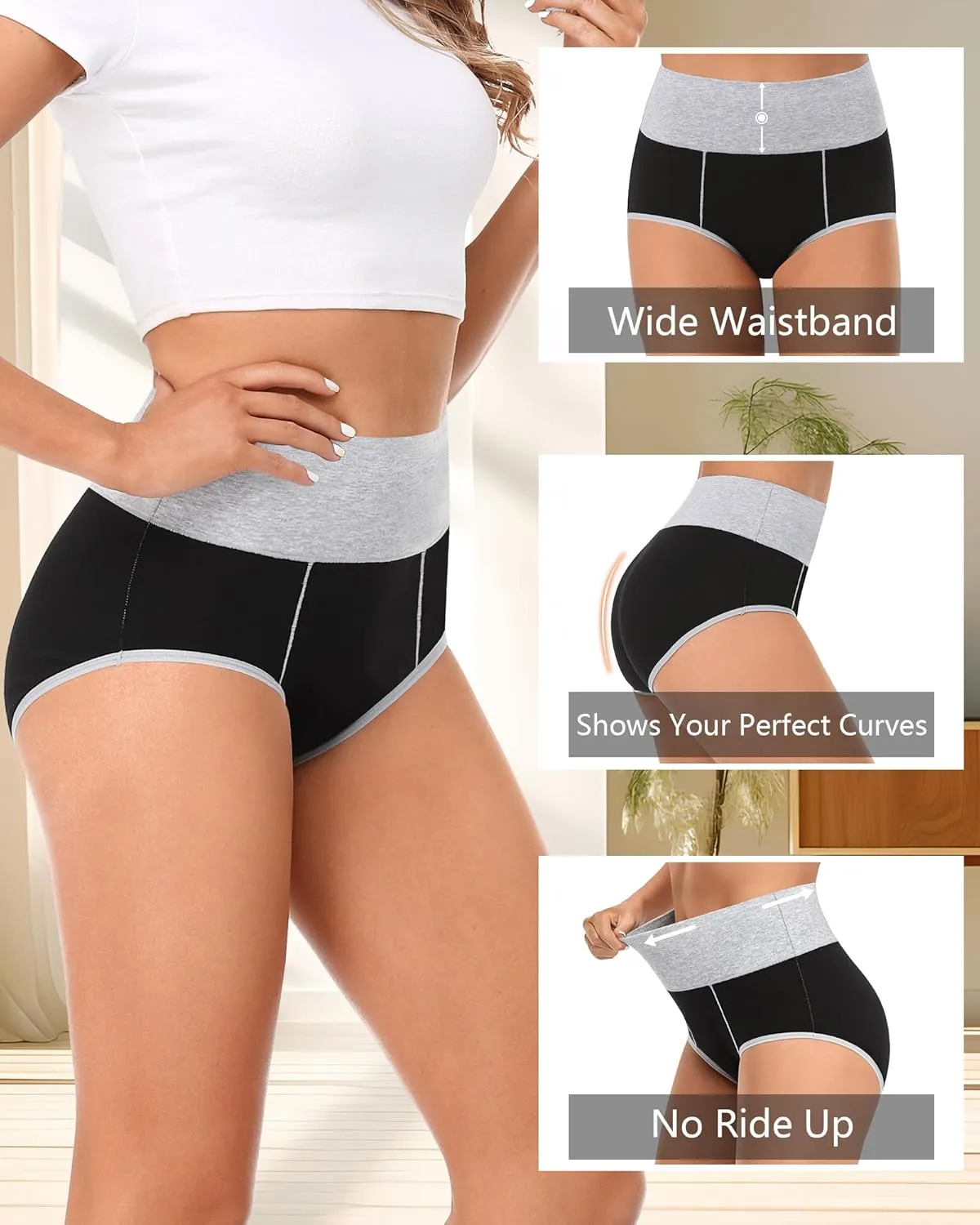Annenmy High Waisted Womens Underwear Cotton Underwear Full Coverage Briefs Stretch Breathable Ladies Panties 5 Pack