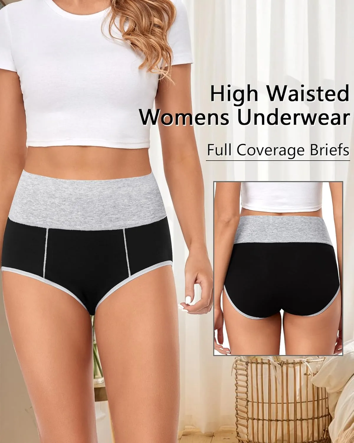 Annenmy High Waisted Womens Underwear Cotton Underwear Full Coverage Briefs Stretch Breathable Ladies Panties 5 Pack