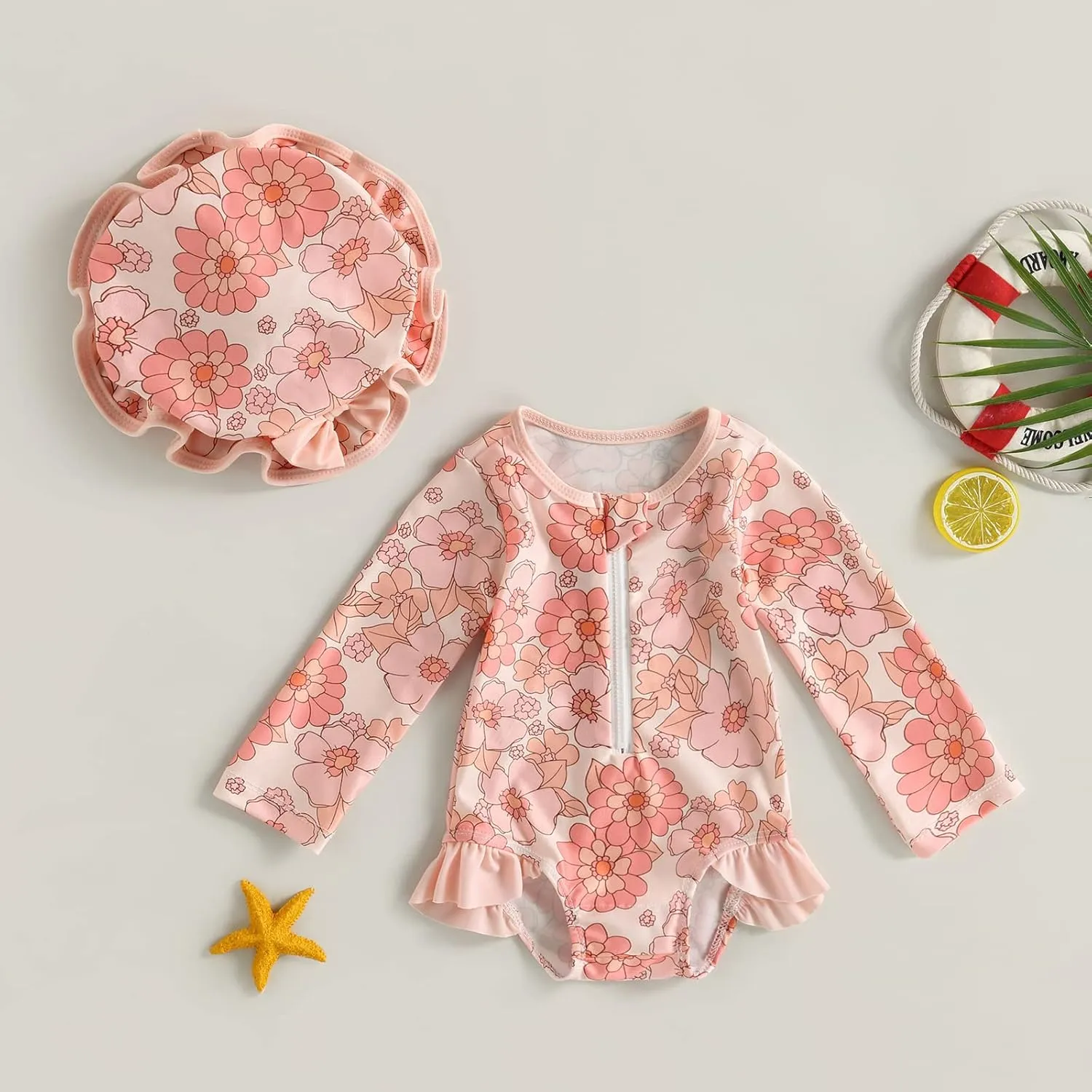 Baby Girls Long Sleeve One Piece Swimsuit Zipper Bathing Suit Toddler Infant Rash Guard Swimwear with Sun Hat Set