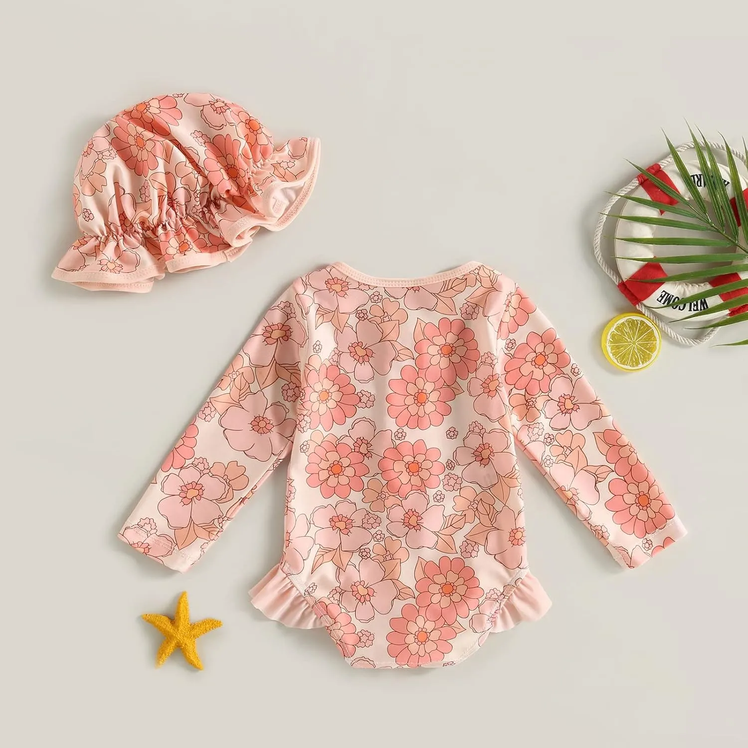 Baby Girls Long Sleeve One Piece Swimsuit Zipper Bathing Suit Toddler Infant Rash Guard Swimwear with Sun Hat Set