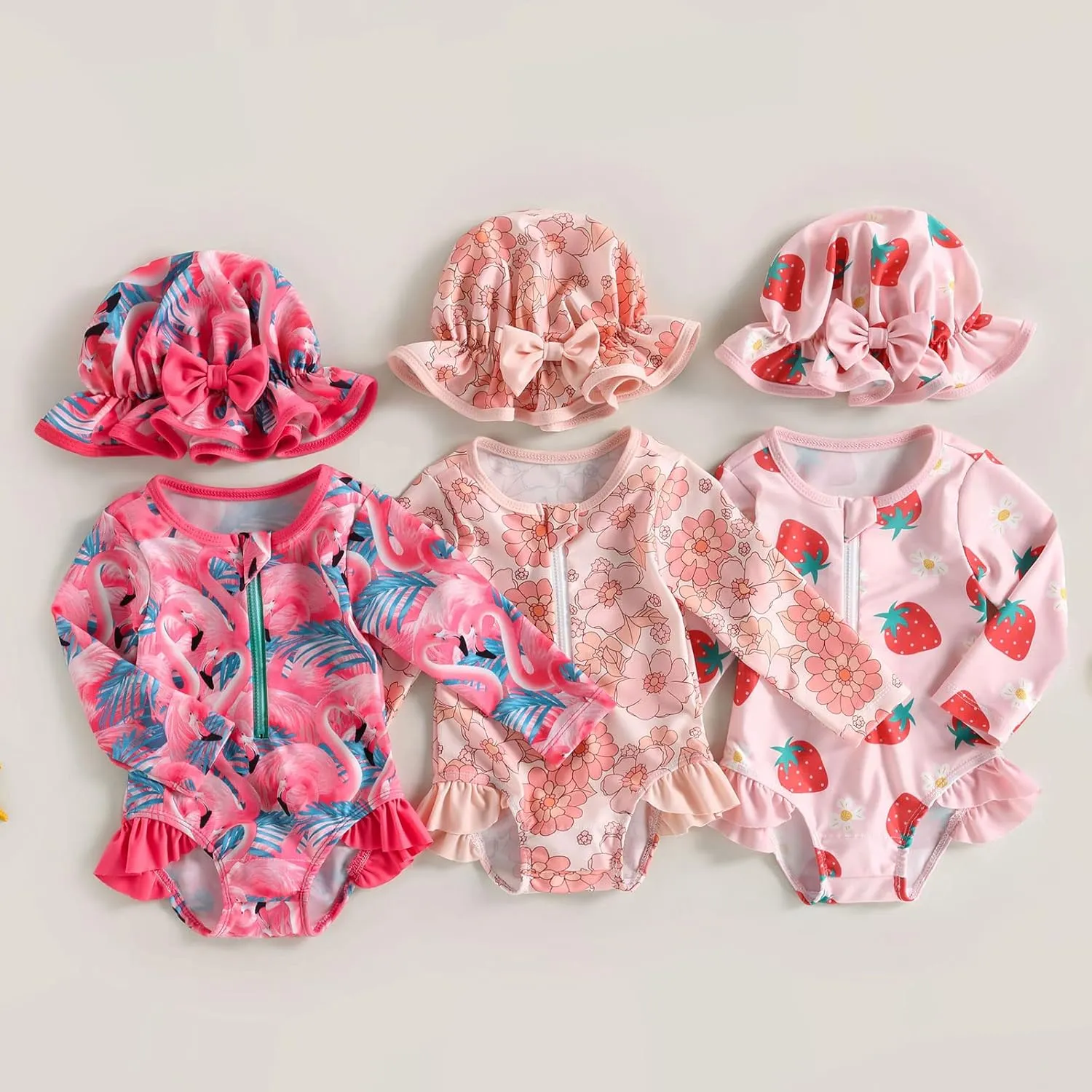 Baby Girls Long Sleeve One Piece Swimsuit Zipper Bathing Suit Toddler Infant Rash Guard Swimwear with Sun Hat Set