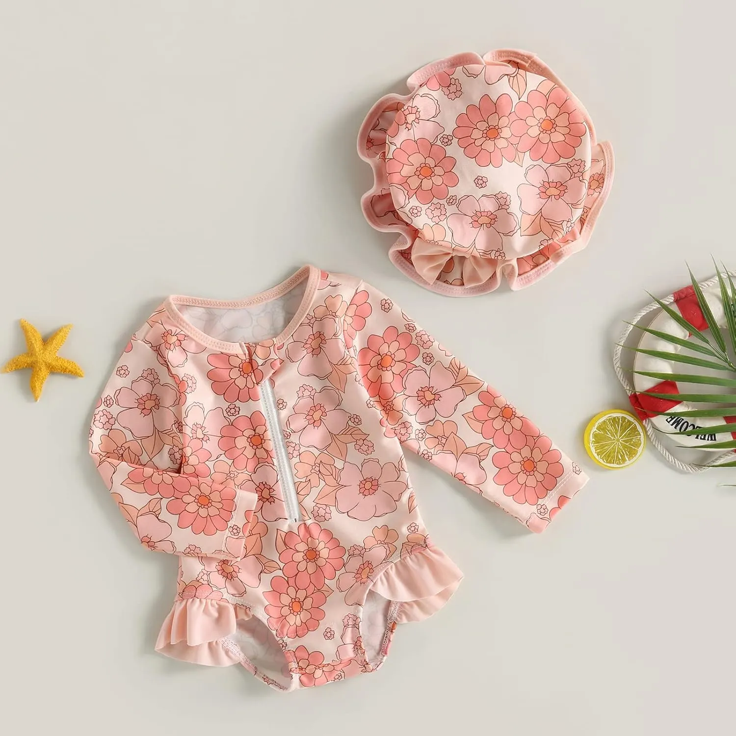 Baby Girls Long Sleeve One Piece Swimsuit Zipper Bathing Suit Toddler Infant Rash Guard Swimwear with Sun Hat Set