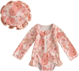 Baby Girls Long Sleeve One Piece Swimsuit Zipper Bathing Suit Toddler Infant Rash Guard Swimwear with Sun Hat Set