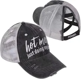 Baseball Cap Hot Criss Cross Ponytail Hat for Women Distressed Messy Bun Trucker Hat Pony Cap Hot Mess hat