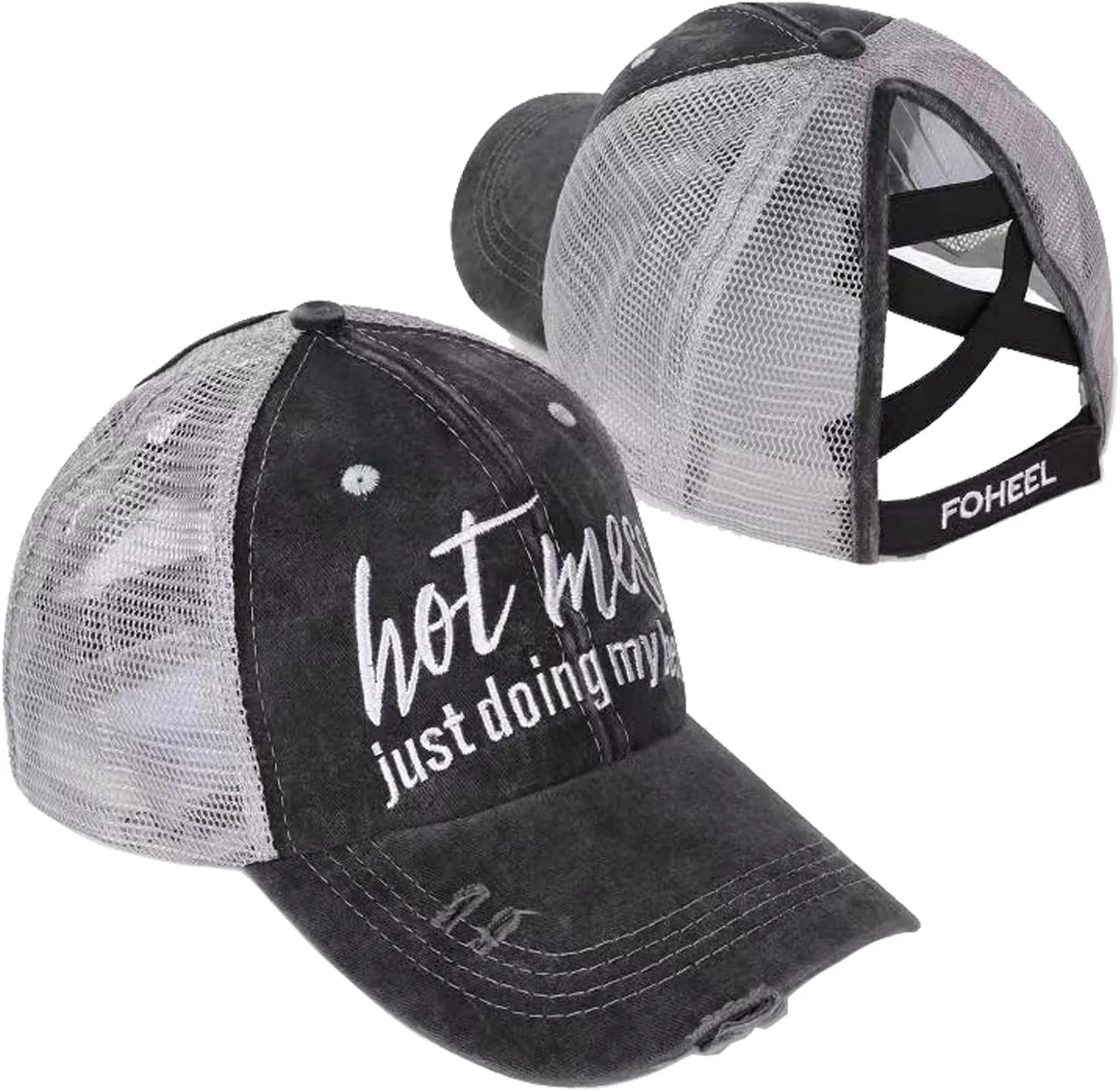 Baseball Cap Hot Criss Cross Ponytail Hat for Women Distressed Messy Bun Trucker Hat Pony Cap Hot Mess hat