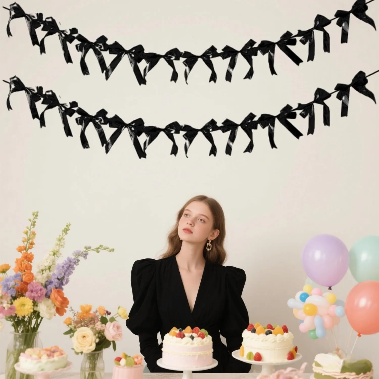 Black Bow Hanging Garlands, Satin Ribbon Bowtie Banners, Bow Knot Party Hanging Swirls Streamers Decorations for Girls Coquette Birthday, Wedding, Bridal Shower, Engagement Supplies