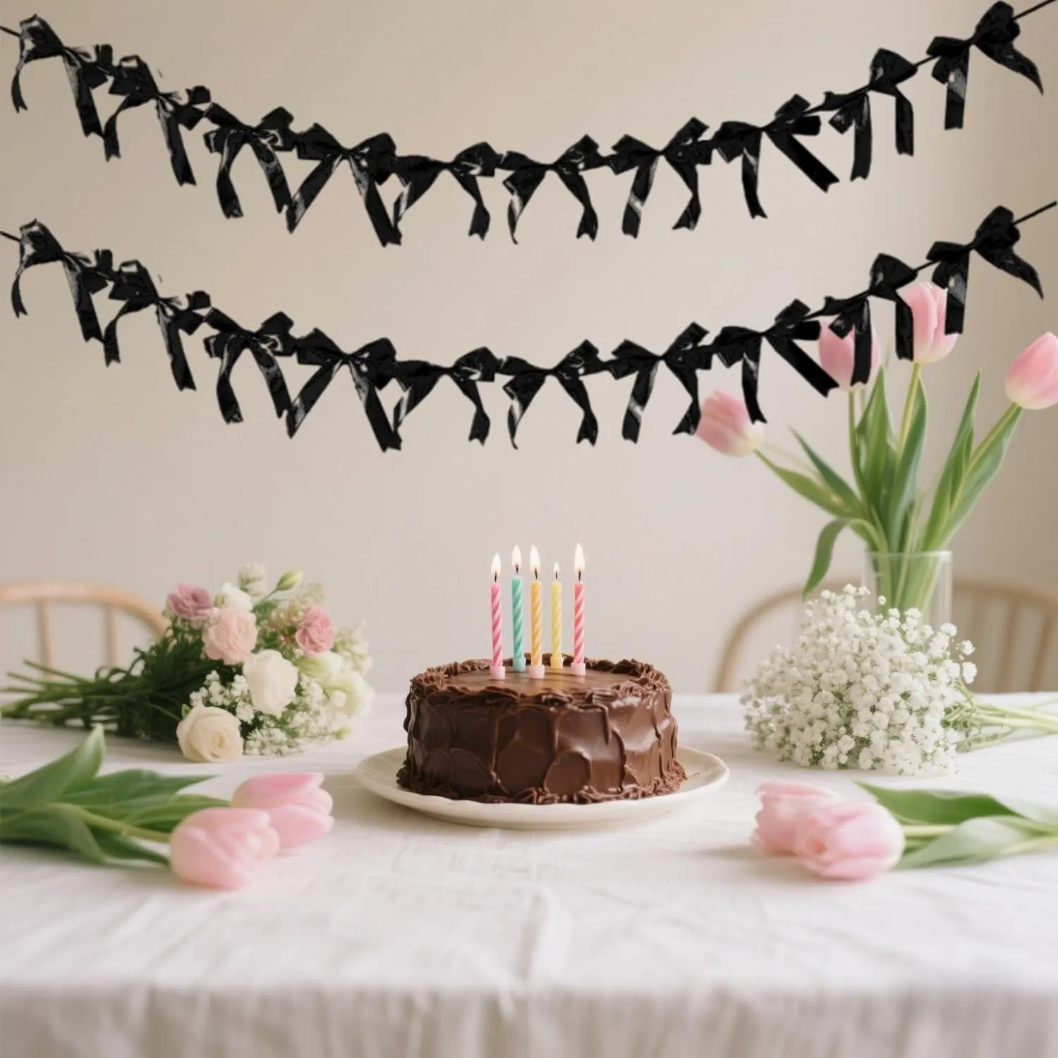 Black Bow Hanging Garlands, Satin Ribbon Bowtie Banners, Bow Knot Party Hanging Swirls Streamers Decorations for Girls Coquette Birthday, Wedding, Bridal Shower, Engagement Supplies