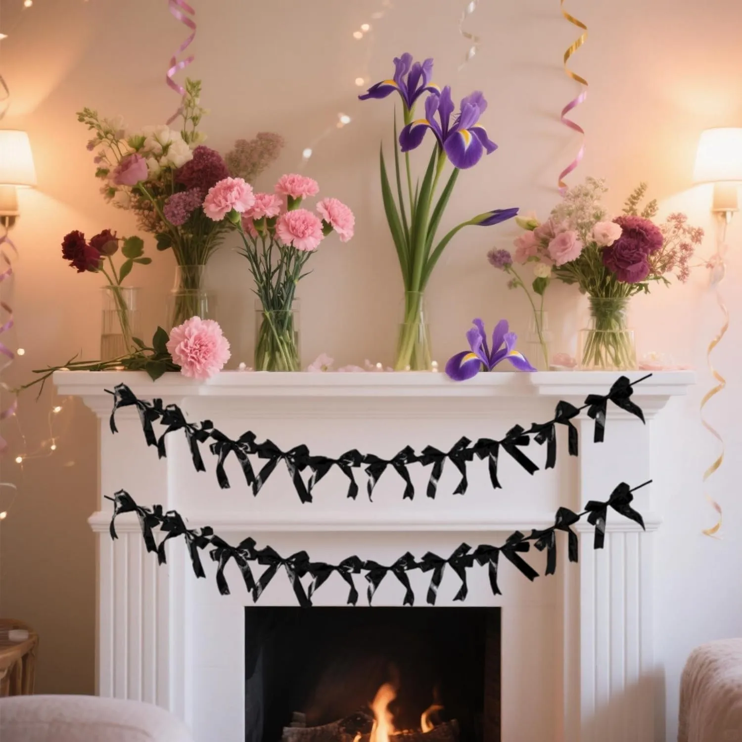 Black Bow Hanging Garlands, Satin Ribbon Bowtie Banners, Bow Knot Party Hanging Swirls Streamers Decorations for Girls Coquette Birthday, Wedding, Bridal Shower, Engagement Supplies