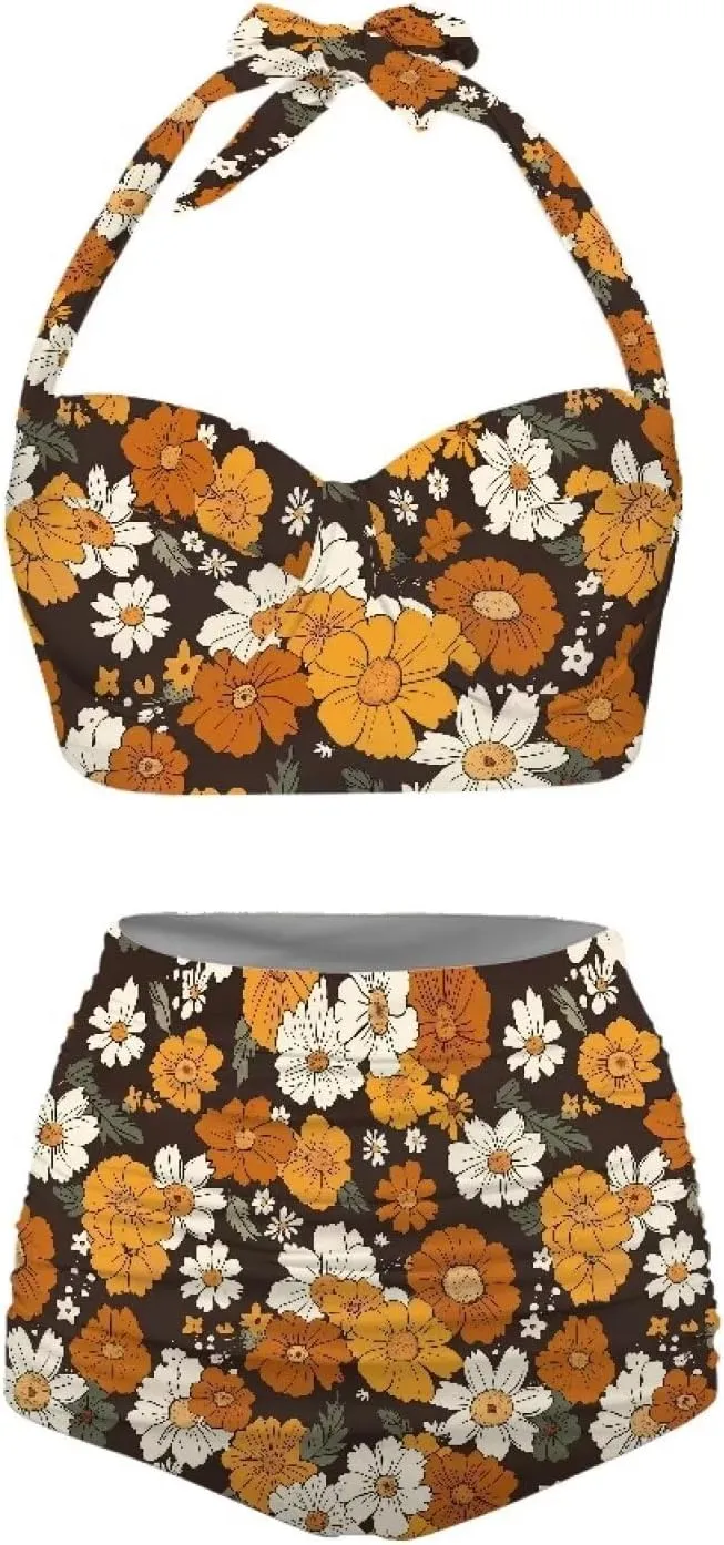 Butterfly Women's Retro Ruched Ruffle High Waist Bikini Set, Flag Tankini Swimsuits Tummy Control Swimwear
