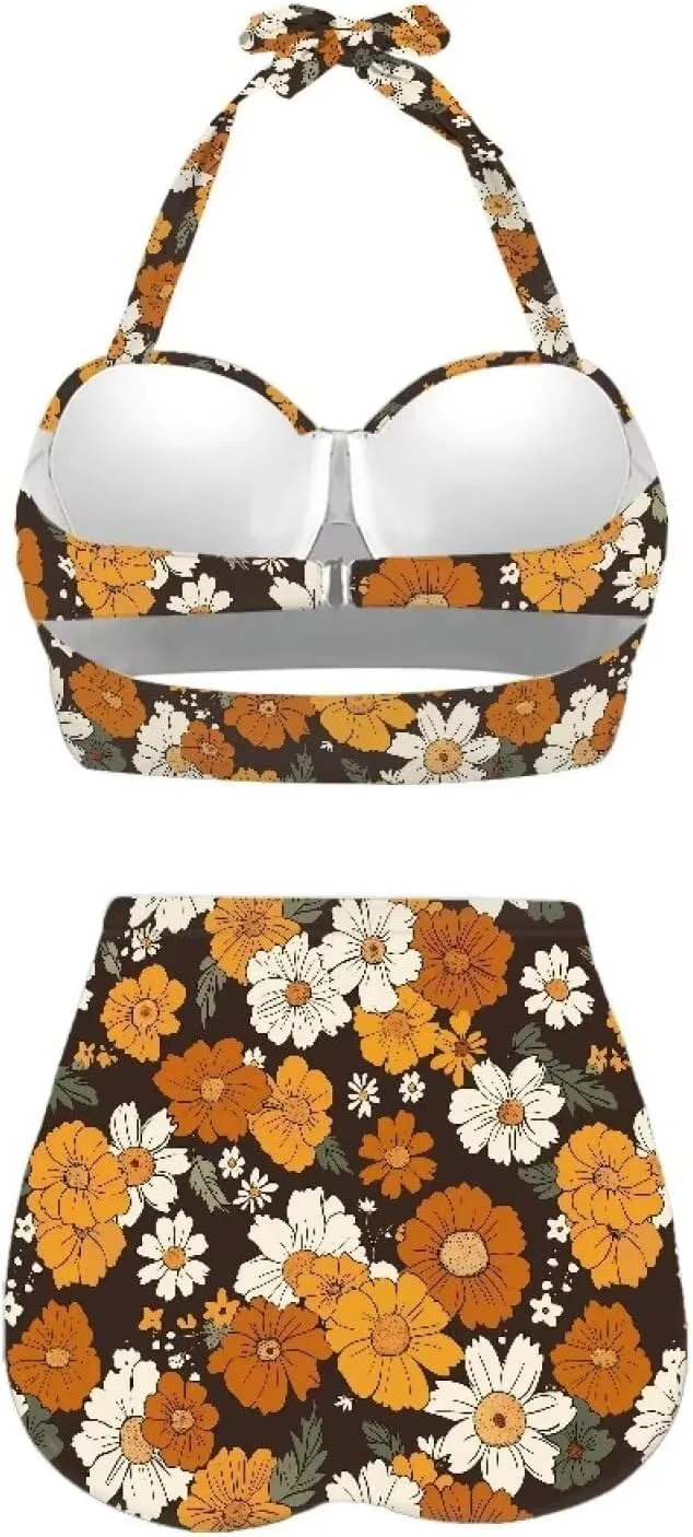 Butterfly Women's Retro Ruched Ruffle High Waist Bikini Set, Flag Tankini Swimsuits Tummy Control Swimwear