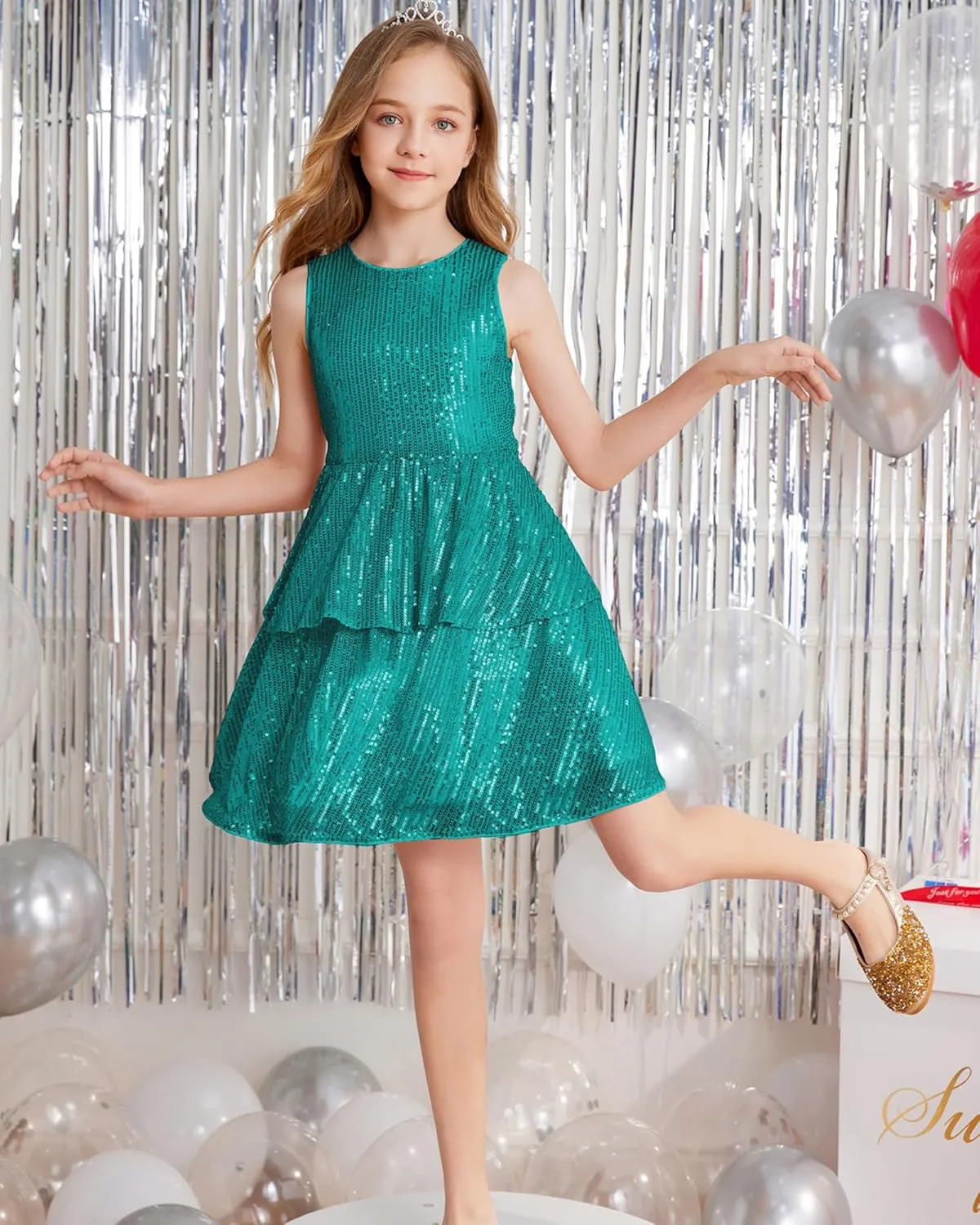 Danna Belle Girls Sequin Dress Sleeveless Party Birthday Dual-Layer Dresses 5-14