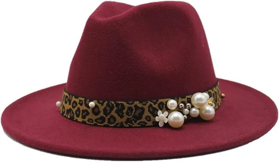 Fashion Leopard Texture Pearl Wool Hat Men and Women Jazz Hat Autumn and Winter Versatile Felt Hat Flat Brim Hat with Leopard Belt Fengyan Cowboy Hats (Color : Claret, Size : 56-58cm)