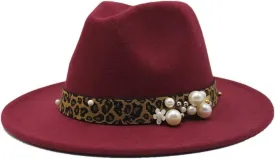 Fashion Leopard Texture Pearl Wool Hat Men and Women Jazz Hat Autumn and Winter Versatile Felt Hat Flat Brim Hat with Leopard Belt Fengyan Cowboy Hats (Color : Claret, Size : 56-58cm)