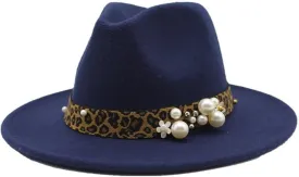 Fashion Leopard Texture Pearl Wool Hat Men and Women Jazz Hat Autumn and Winter Versatile Felt Hat Flat Brim Hat with Leopard Belt Fengyan Cowboy Hats (Color : Navy, Size : 59-61cm)