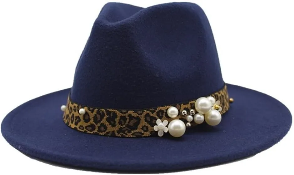 Fashion Leopard Texture Pearl Wool Hat Men and Women Jazz Hat Autumn and Winter Versatile Felt Hat Flat Brim Hat with Leopard Belt Fengyan Cowboy Hats (Color : Navy, Size : 59-61cm)