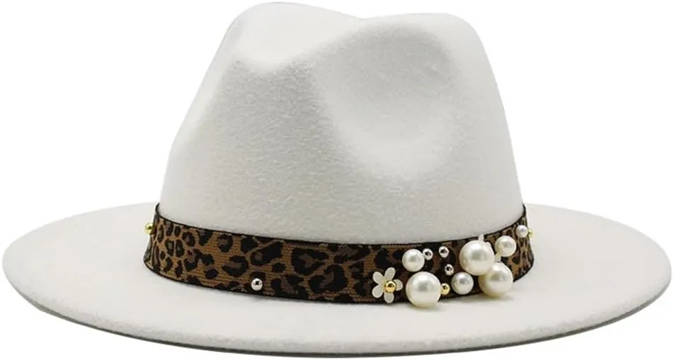 Fashion Leopard Texture Pearl Wool Hat Men and Women Jazz Hat Autumn and Winter Versatile Felt Hat Flat Brim Hat with Leopard Belt Fengyan Cowboy Hats (Color : White, Size : 59-61cm)