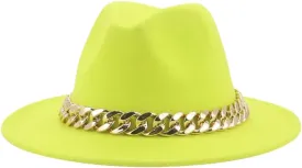 Fedora Hats Women Men Wide Brim Thick Gold Chain Band Felted Hat Jazz Cap Panama Hat Fluorescent Yellow 56-58cm(Adults)