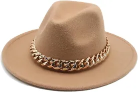 Fedora Hats Women Men Wide Brim Thick Gold Chain Band Felted Hat Jazz Cap Panama Hat khaki9 60-62cm(XL)