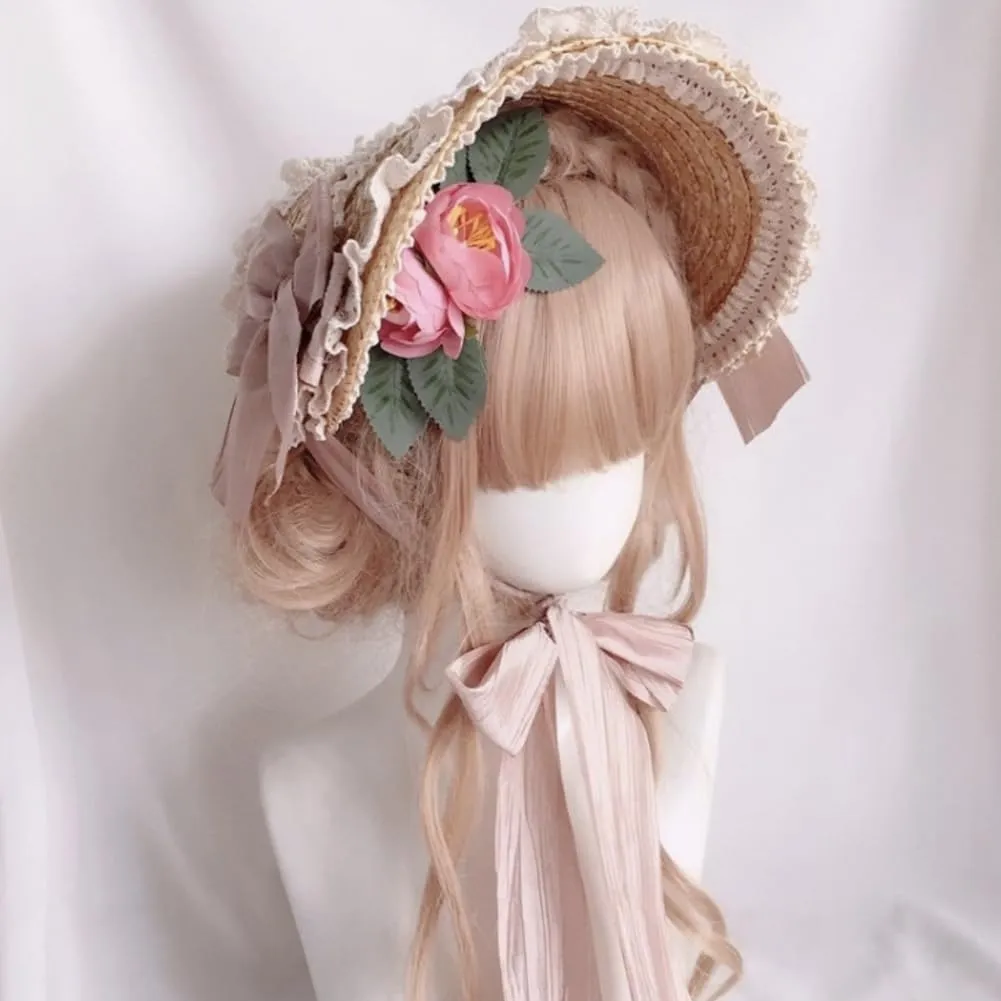 Girls Women Victorian Tea Party Sun Hat Bows Flower Ribbons Straw Hats