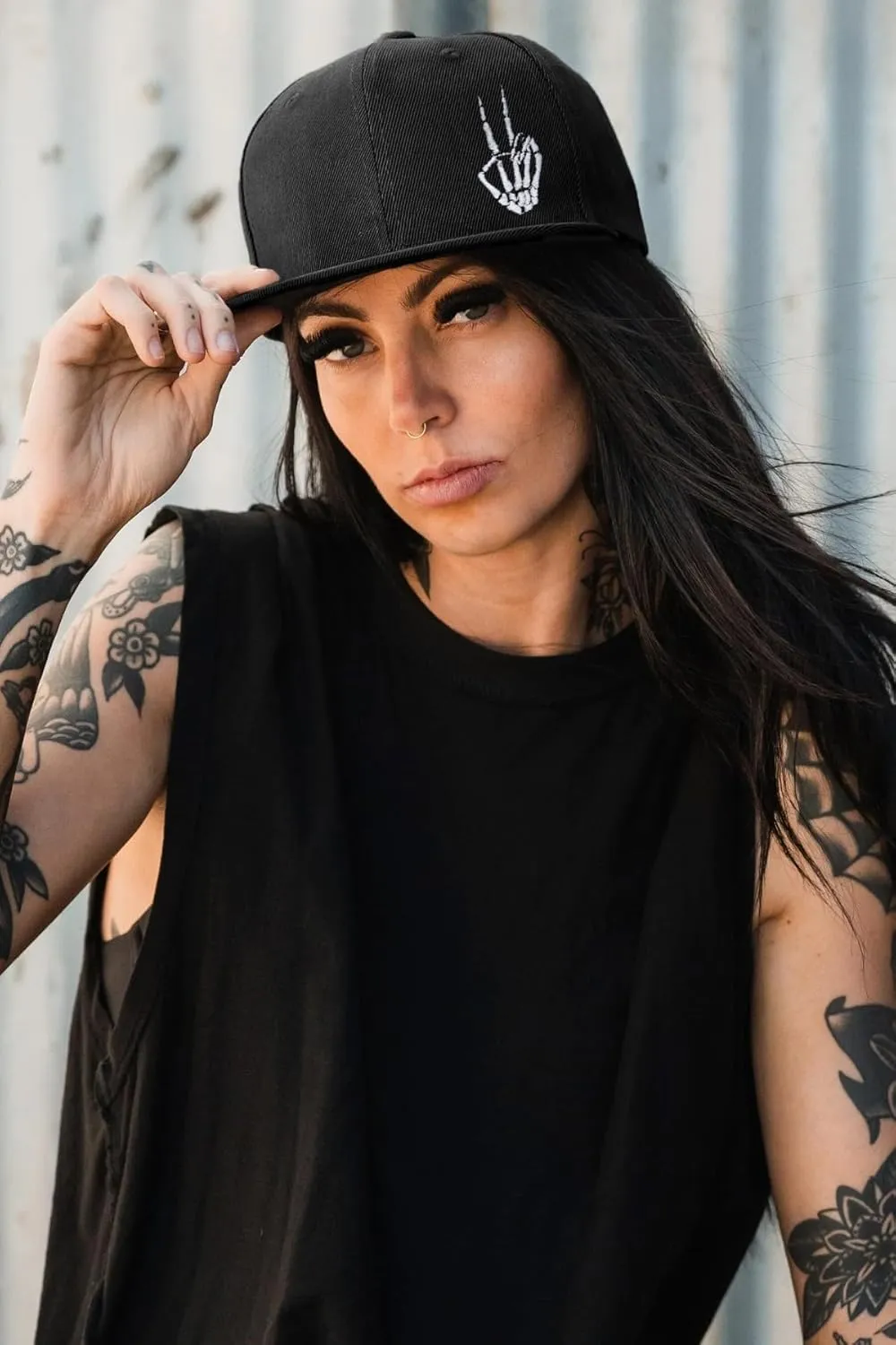 Gothic Skeleton Hand Flat Brim Hat Embroidery Skull Finger Cap Adjustable Snapback