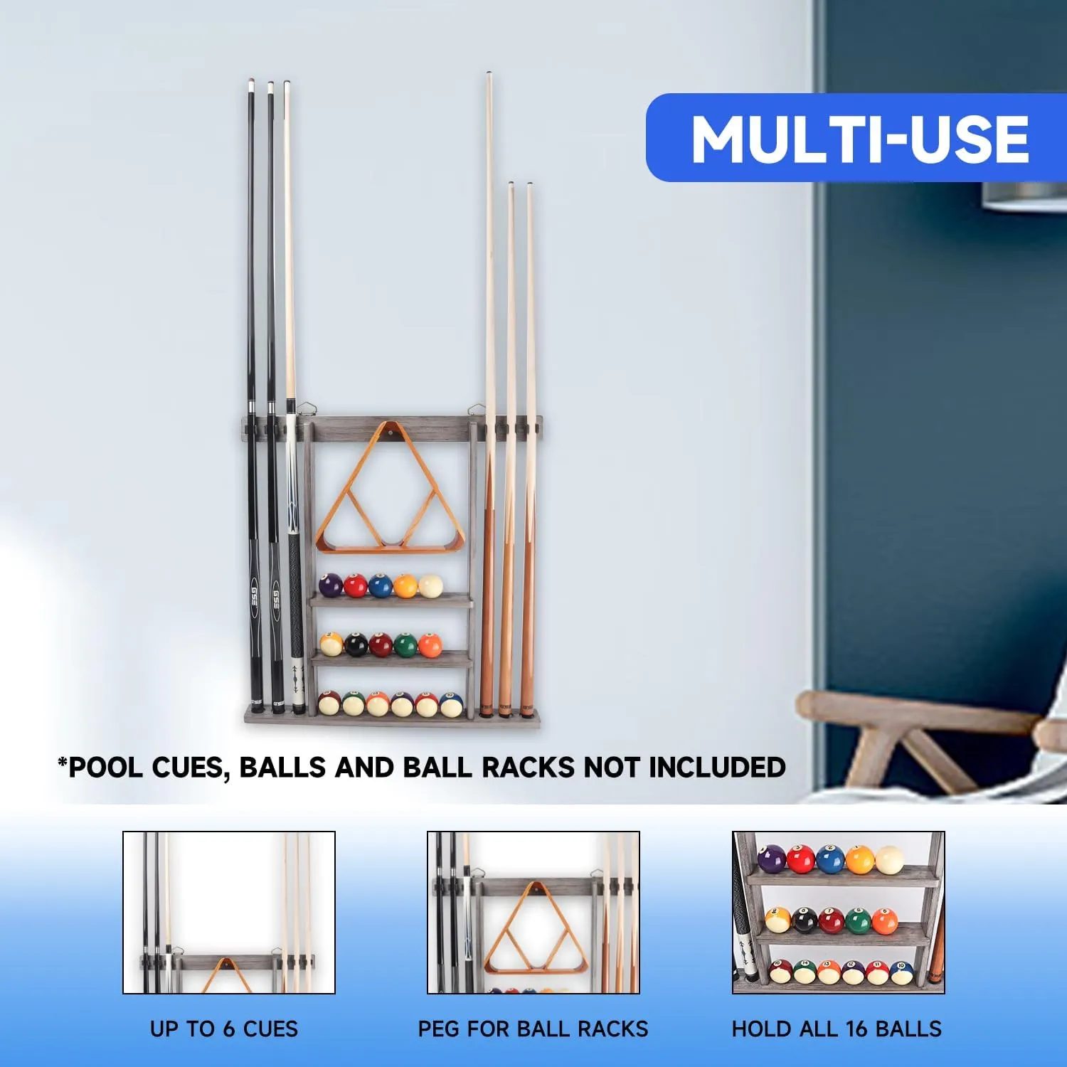 GSE Games & Sports Expert Wall Mount Rack with Score Counter Only, Hanging Wall Mounting Rack Holds 6/8 Cue Sticks, 2 Ball Racks and Full Set of Balls