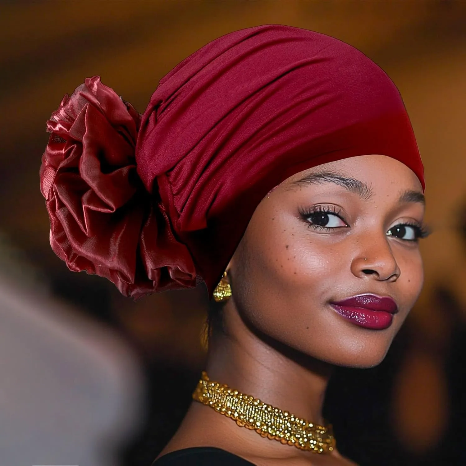 HeadWrap Hair Turbans African Turban Flower Pearl Crystal Twisted Head Turban for Women Fashion