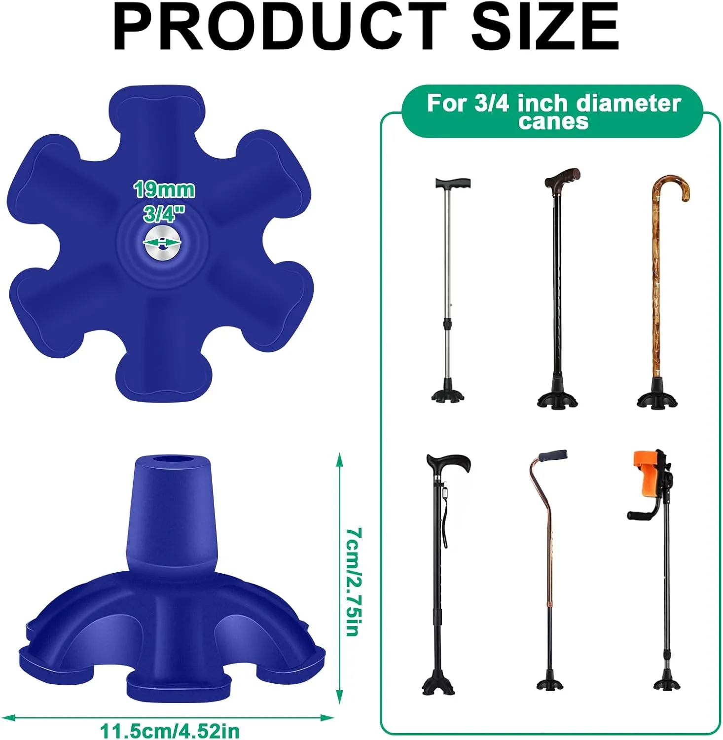 Heavy Duty Rubber Cane Tip - 6 Support Feet, 3/4 inch, Self Standing for Walking Canes & Sticks