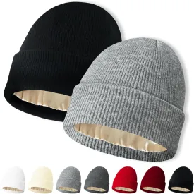 NPQQUAN 2 PCS Satin Lined Beanie for Women Silk Lined Beanies Winter Warm Soft Lining Cuffed Knit Beanie Hats for Woman