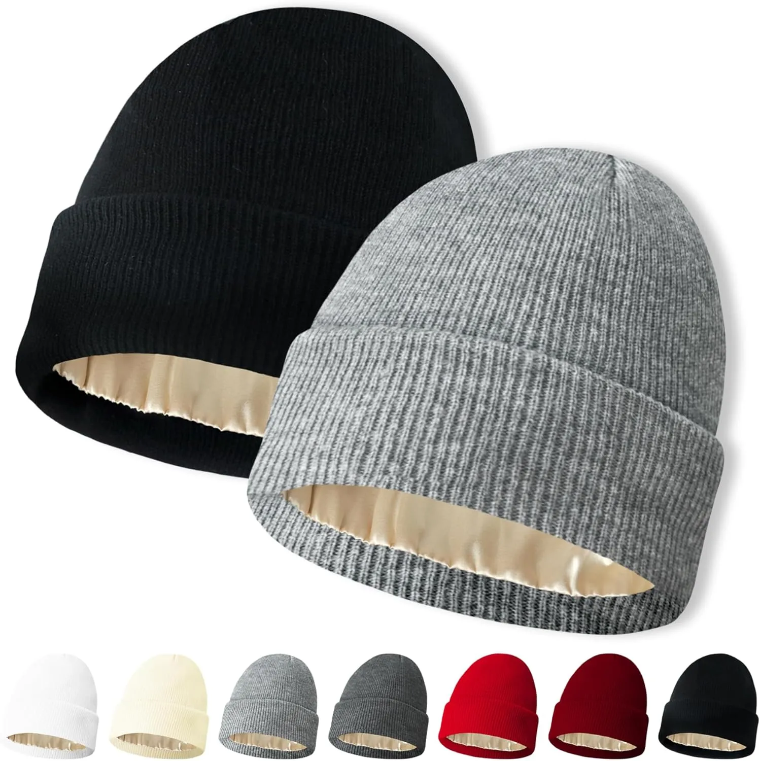 NPQQUAN 2 PCS Satin Lined Beanie for Women Silk Lined Beanies Winter Warm Soft Lining Cuffed Knit Beanie Hats for Woman