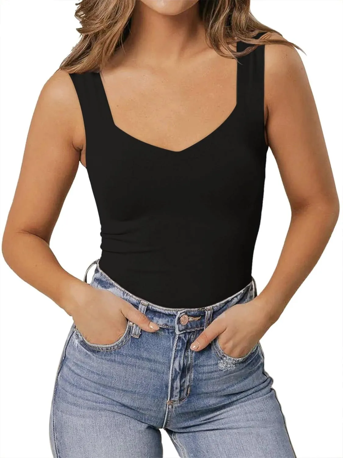 PINKMSTYLE Women's Basic Double Lined V Neck Tank Tops Sleeveless Shirts Slimming Summer Tops