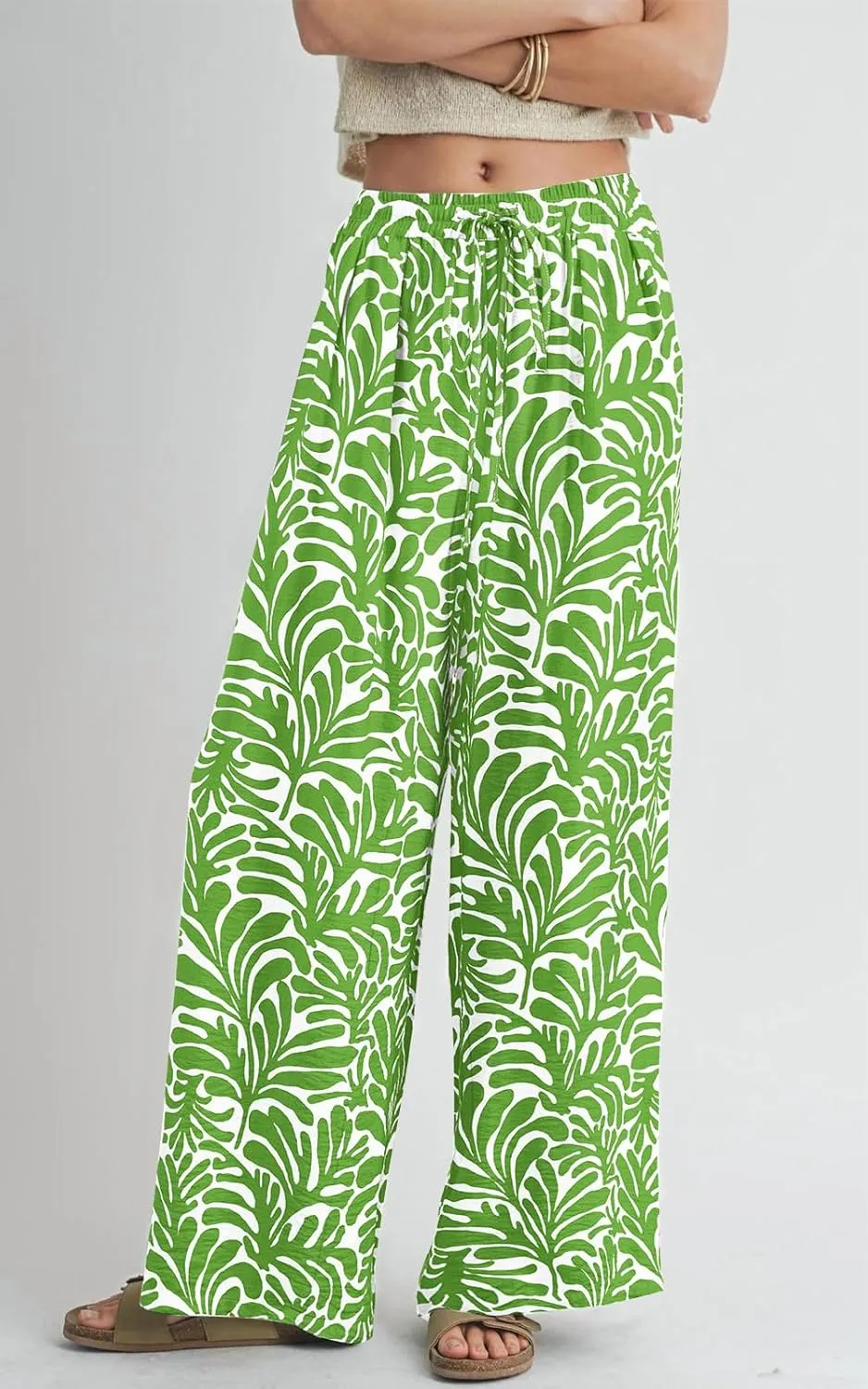 PRETTYGARDEN Womens Pants Elastic Waist Floral Lightweight Palazzo Pants for Women Casual Lounge Wide Leg Pants Woman