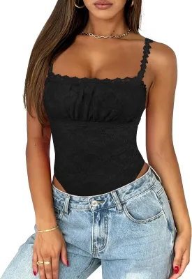Saslax Women's Sexy Square Neck Lace Sleeveless Bodysuit Tank Tops Double Lined Body Suit Thong Outfits