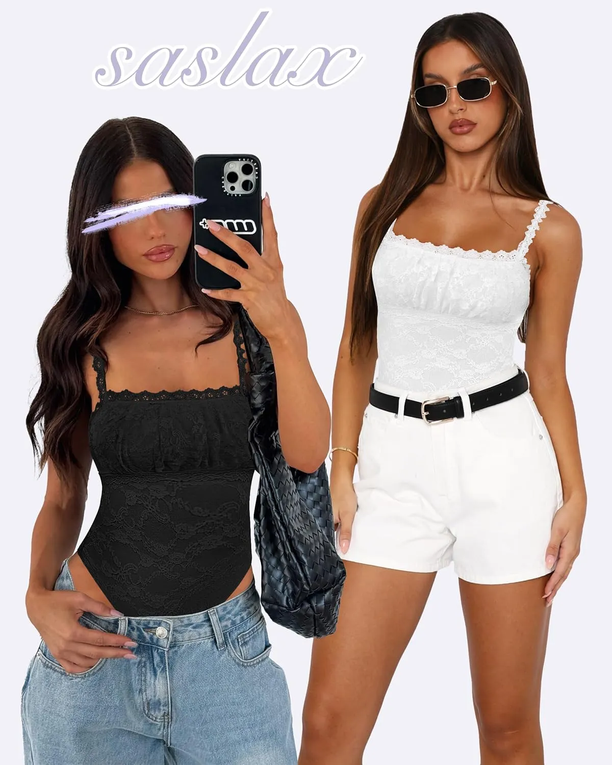 Saslax Women's Sexy Square Neck Lace Sleeveless Bodysuit Tank Tops Double Lined Body Suit Thong Outfits
