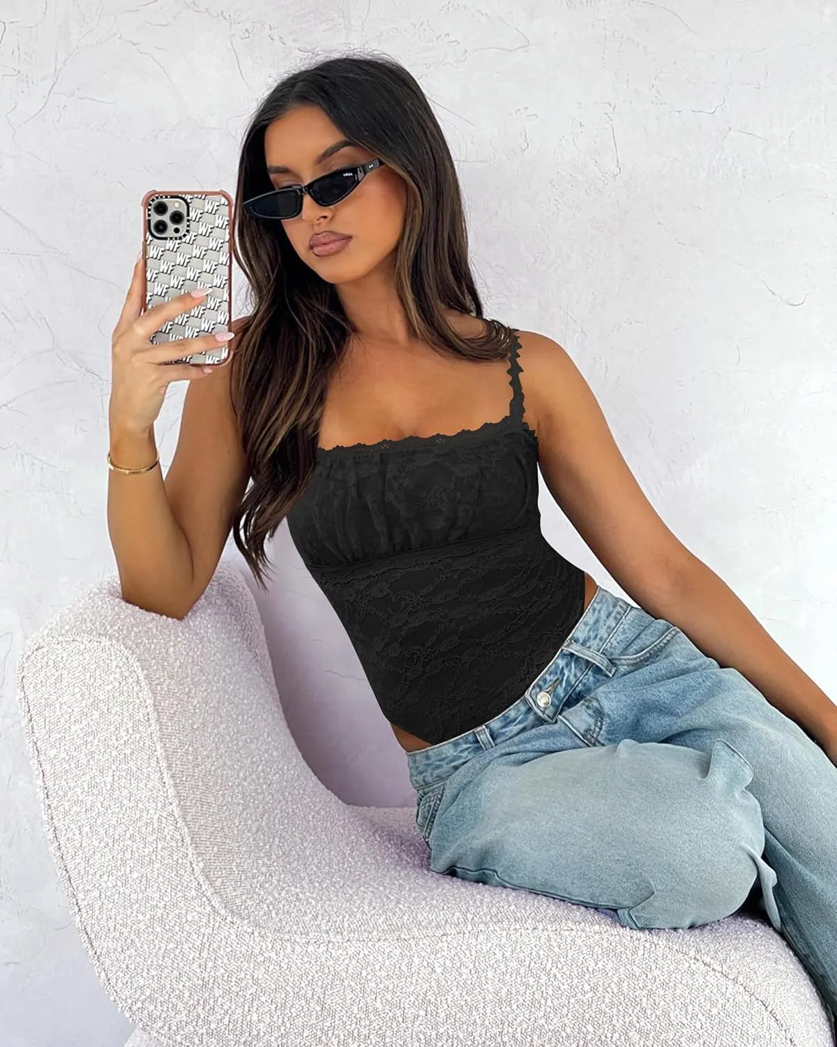 Saslax Women's Sexy Square Neck Lace Sleeveless Bodysuit Tank Tops Double Lined Body Suit Thong Outfits