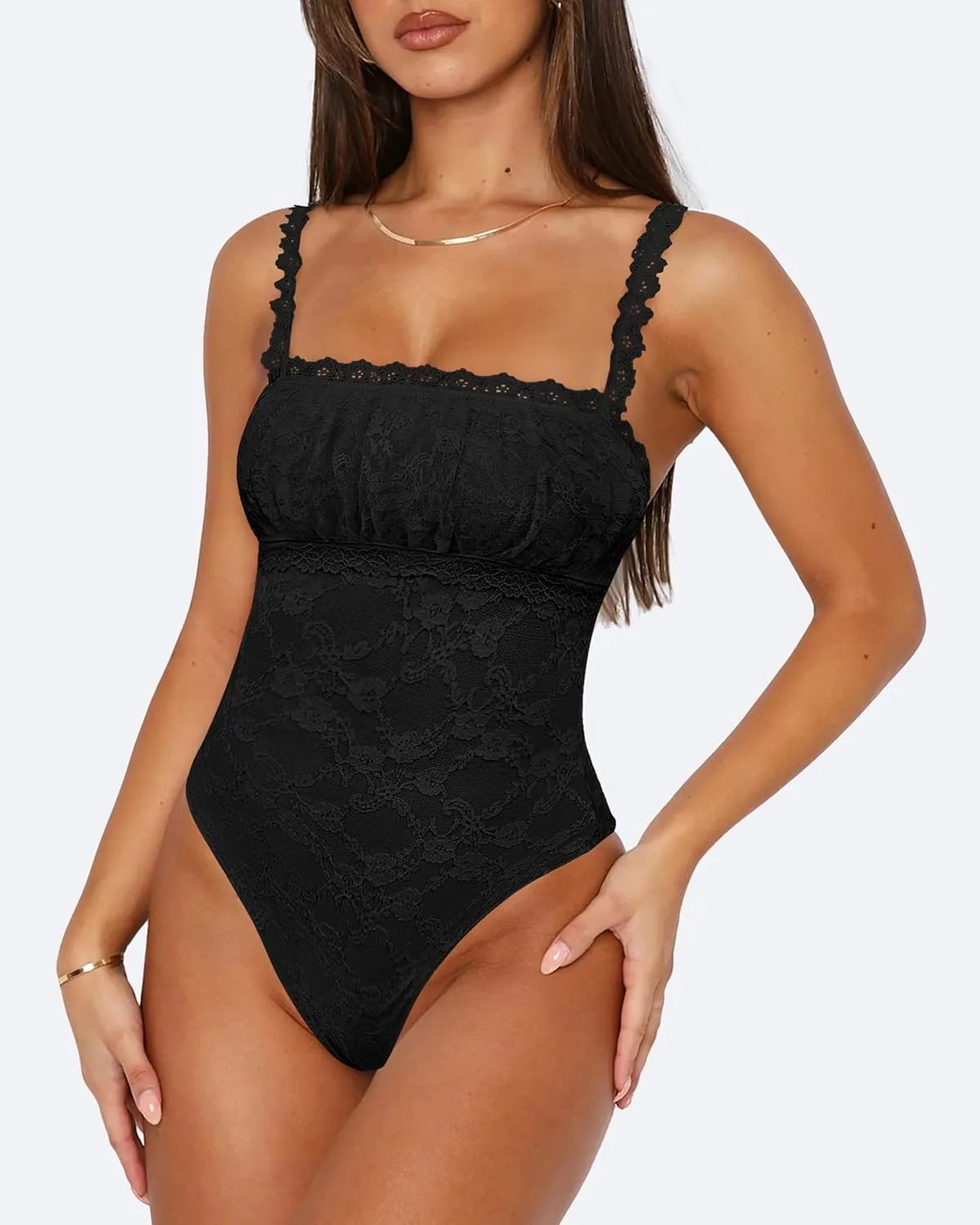Saslax Women's Sexy Square Neck Lace Sleeveless Bodysuit Tank Tops Double Lined Body Suit Thong Outfits