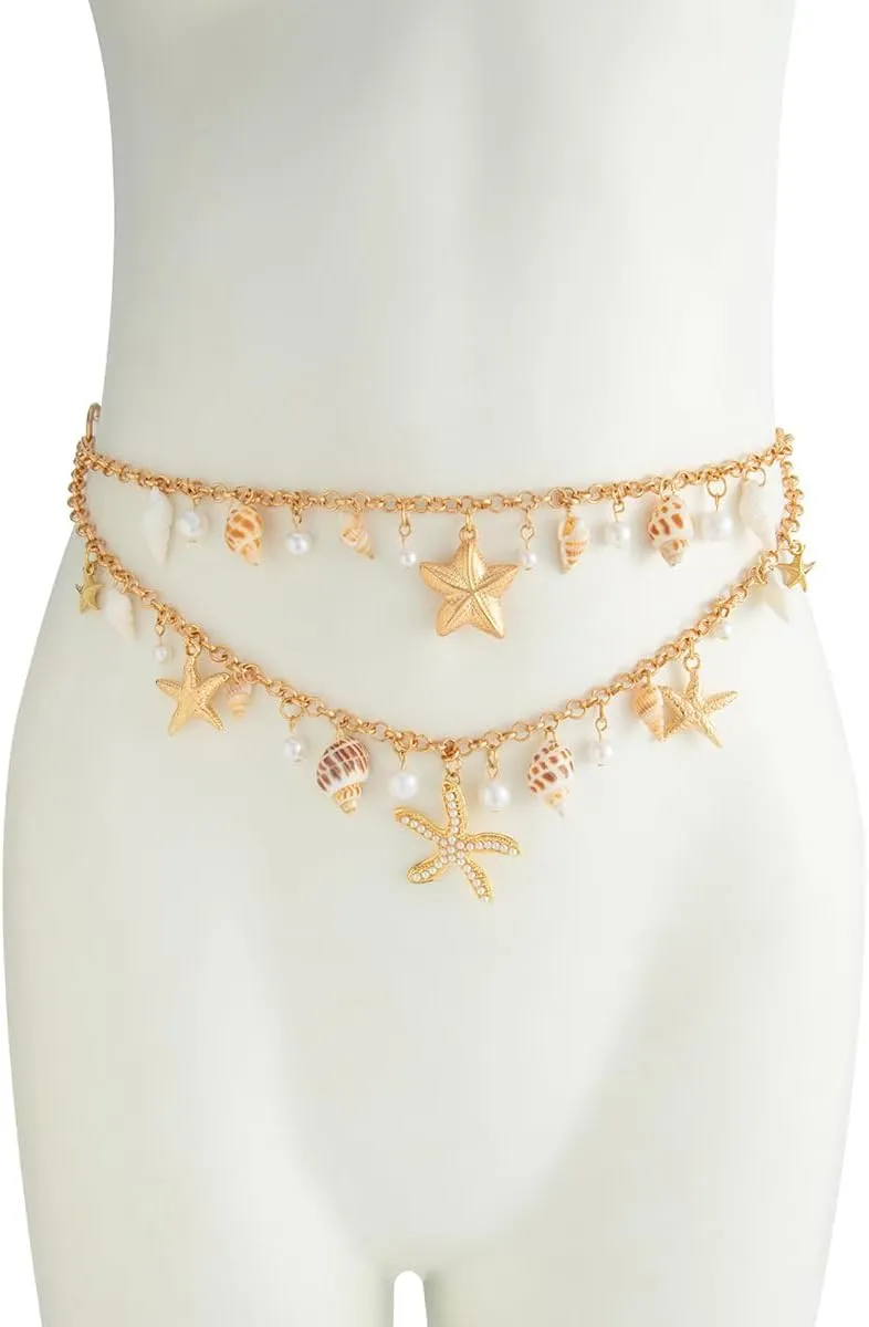 Seashell Starfish Waist Chains for Women Bohemian Conch Pearl Shell Body Chain Summer Beach Charm Waist Chain Bikini Sexy Shell Waist Body Chain Body Accessories for Women