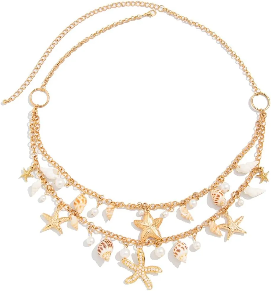 Seashell Starfish Waist Chains for Women Bohemian Conch Pearl Shell Body Chain Summer Beach Charm Waist Chain Bikini Sexy Shell Waist Body Chain Body Accessories for Women