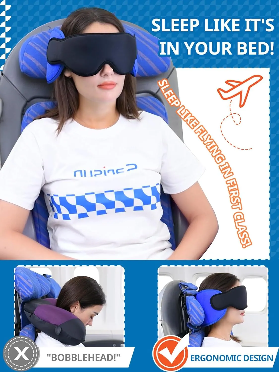Travel Pillows for Airplanes, Airplane Pillow for Long Flight, Airplane Head Strap with Eye Mask for Sleep, Travel Neck Pillow for Car Road Trip, 360 Support Headrest, Stop Bobblehead, Black
