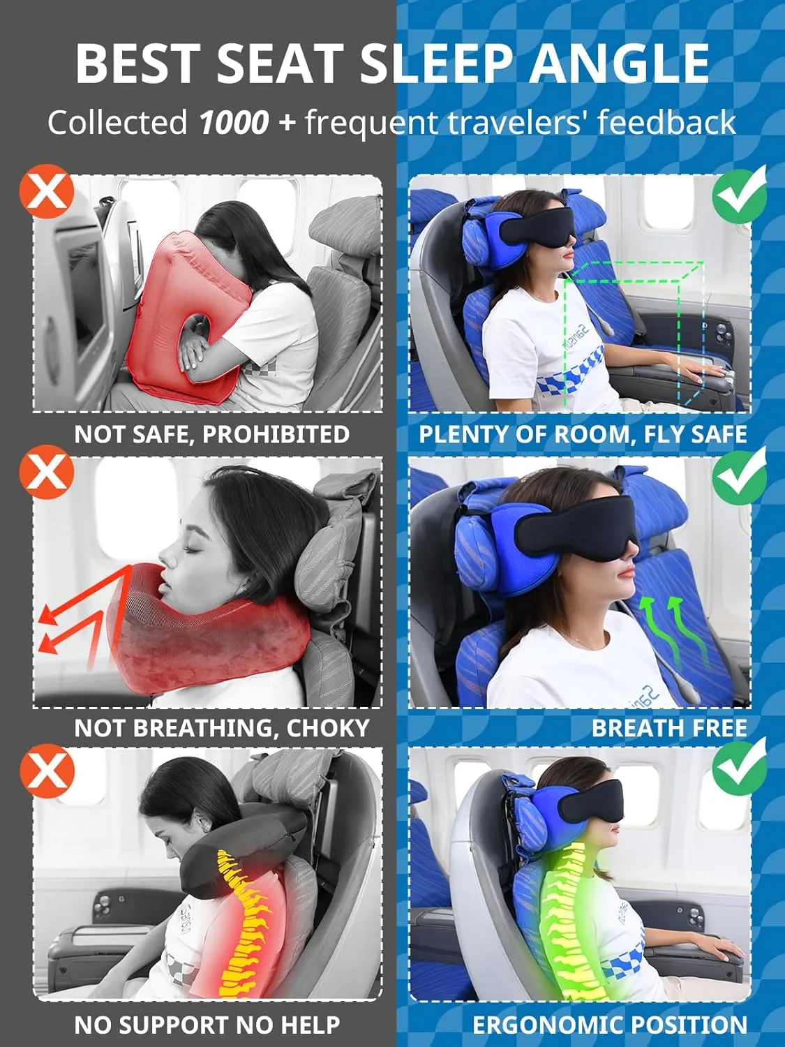 Travel Pillows for Airplanes, Airplane Pillow for Long Flight, Airplane Head Strap with Eye Mask for Sleep, Travel Neck Pillow for Car Road Trip, 360 Support Headrest, Stop Bobblehead, Black