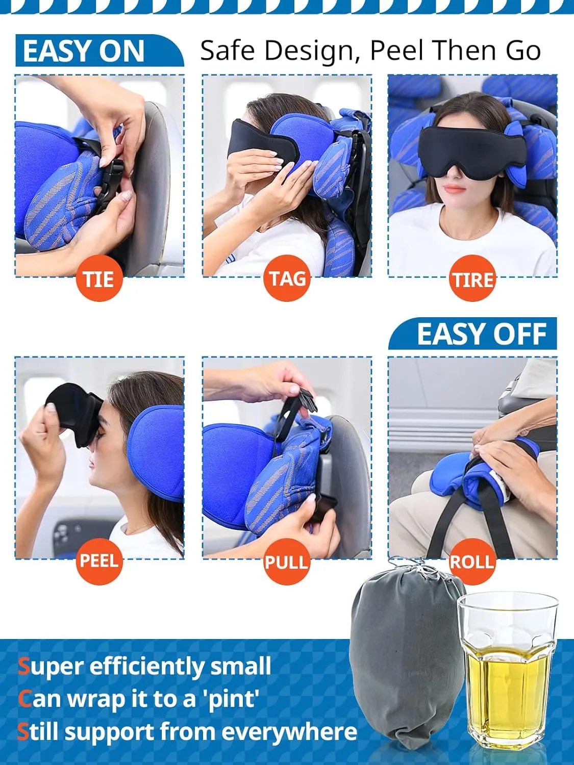 Travel Pillows for Airplanes, Airplane Pillow for Long Flight, Airplane Head Strap with Eye Mask for Sleep, Travel Neck Pillow for Car Road Trip, 360 Support Headrest, Stop Bobblehead, Black