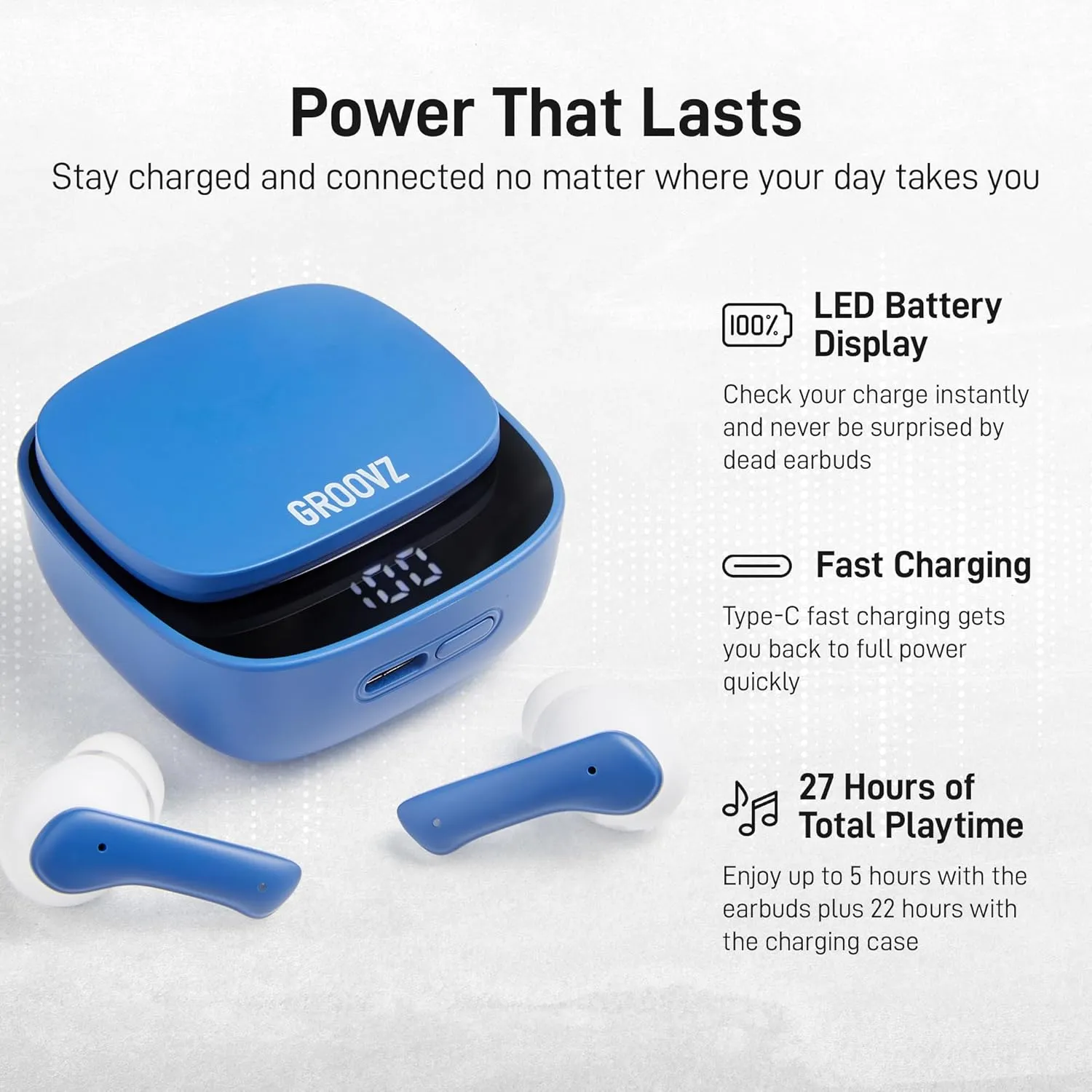 True Wireless Earbuds with Charging Case - Designed and Engineered in The USA - IPx4 Water Resistant Bluetooth Earbuds Compatible with Apple and Android - 27Hrs Battery Life - Blue