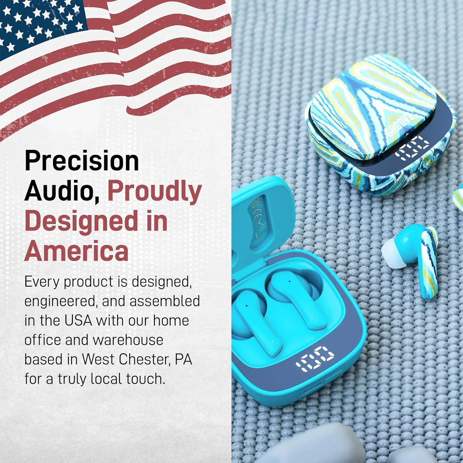 True Wireless Earbuds with Charging Case - Designed and Engineered in The USA - IPx4 Water Resistant Bluetooth Earbuds Compatible with Apple and Android - 27Hrs Battery Life - Blue