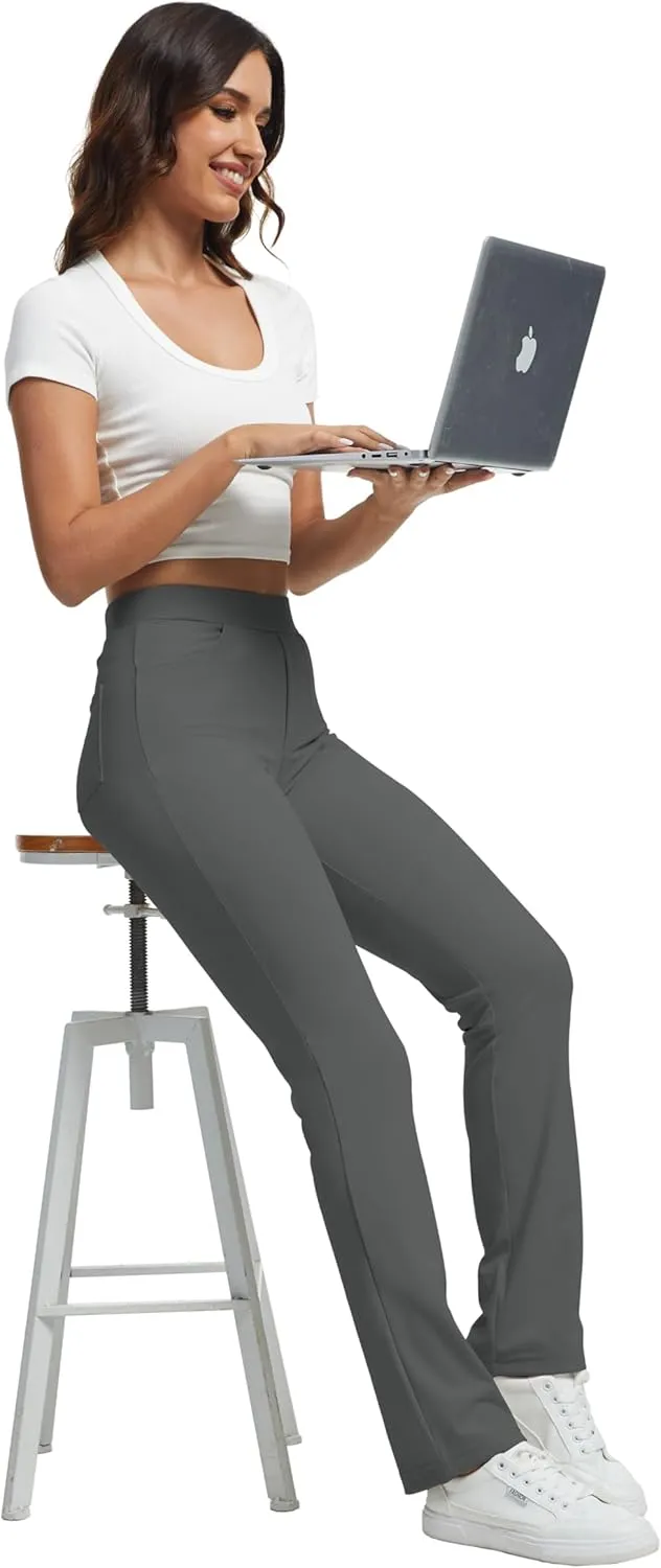 VIMPEP Womens Soft Feeling Straight Yoga Pants Pull On Tuck Line Stretchy Dress Pants for Business Casual Petite/Regular 106