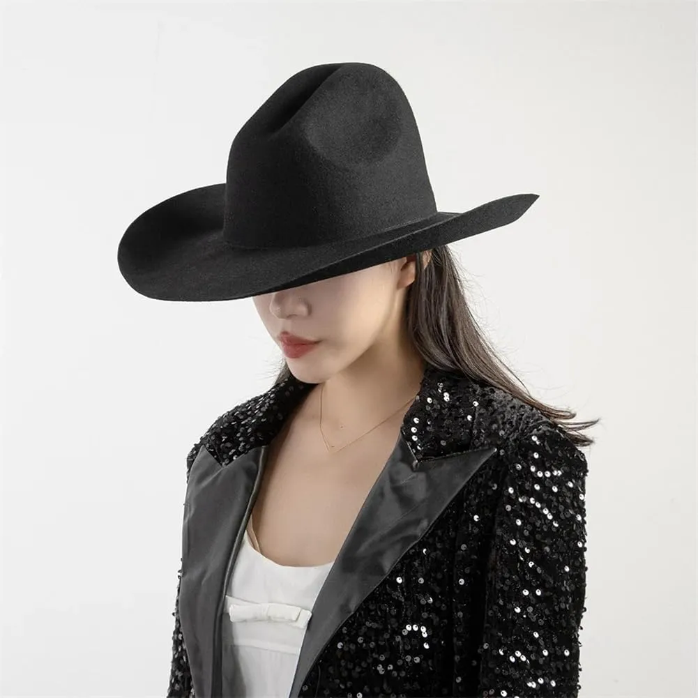 Women 100% Wool Felt Cowboy Hat Wide Brim Felt Hat Extra Top Hat Crown Panama Hat