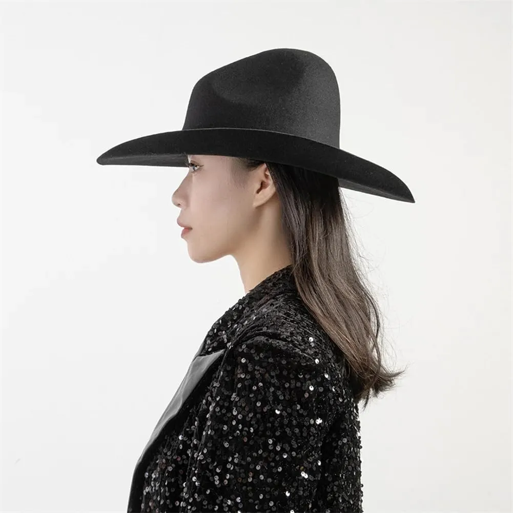 Women 100% Wool Felt Cowboy Hat Wide Brim Felt Hat Extra Top Hat Crown Panama Hat