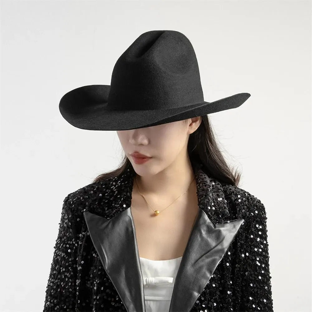 Women 100% Wool Felt Cowboy Hat Wide Brim Felt Hat Extra Top Hat Crown Panama Hat