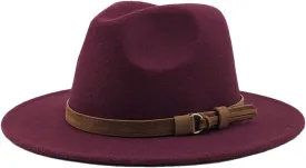 Women Men Fedora Hat with Leather Ribbon Gentleman Wide Brim Jazz Church Panama Sombrero Cap Wine 56-58CM, Medium